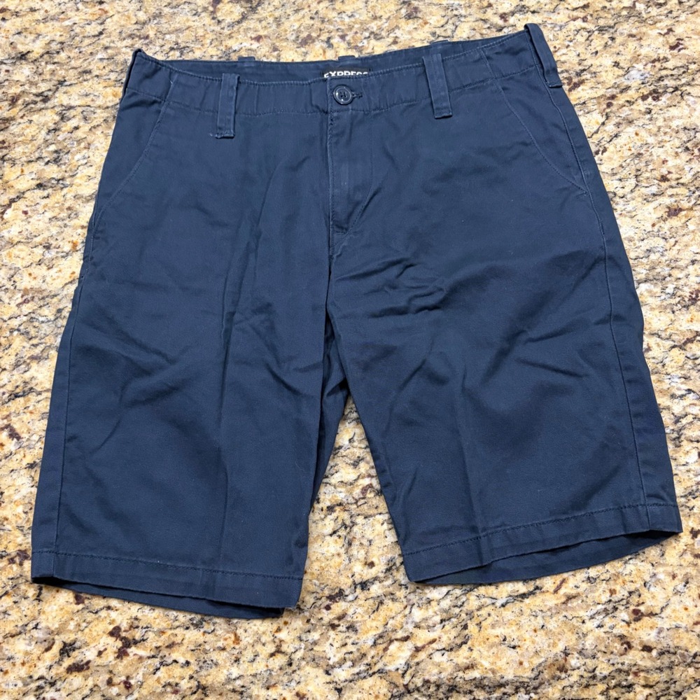 Express Men Navy Blue Chino Shorts Size 30 Flat Front Casual Cotton Blend